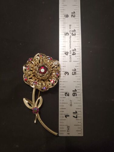 SARAH COV Goldtone Filigree Petals Red & Clear Rhinestones Flower 4.5 Brooch Pin - $13.40