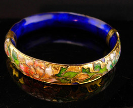 Vintage hinged bracelet - Chinese cloisonné oriental Flower Blossom - Or... - $95.00