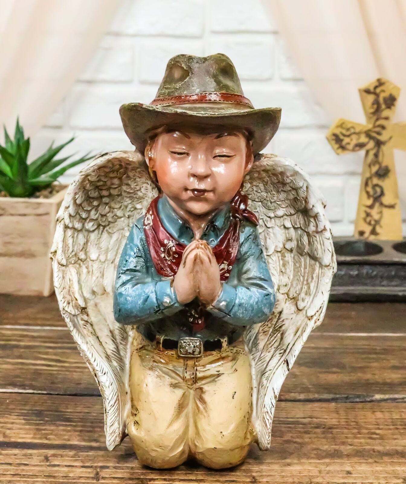 Rustic Western Cowboy Angel Wearing Hat And Red Scarf Praying Figurine - $23.99