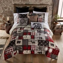 Donna Sharp Timber Buffalo Plaid Lodge Cozy Cabin Bear King Quilt Set &amp; Pillow - £75.66 GBP