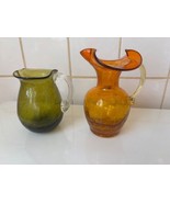 VTG Lot 2 Studio Crackle Glass Creamers / Pitchers Orang &amp; Green - $19.79