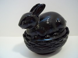 Mosser Glass Jet Black Easter Bunny Rabbit On Nest Basket Candy Dish Box... - $26.14