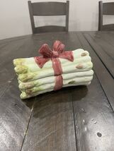 Vtg Asparagus Covered Trinket Dish 6” Majolica Style Ceramic Green - $19.79