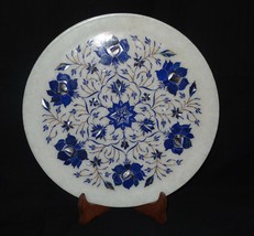 12&quot; Decorative Marble Plate Floral Mosaic Lapis lazuli Marquetry Pietra Dura Art - £207.46 GBP