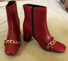 Women TAICHI Faux Leather Dark Red High Heel Boots w/ Gold Chains Side Z... - $29.90