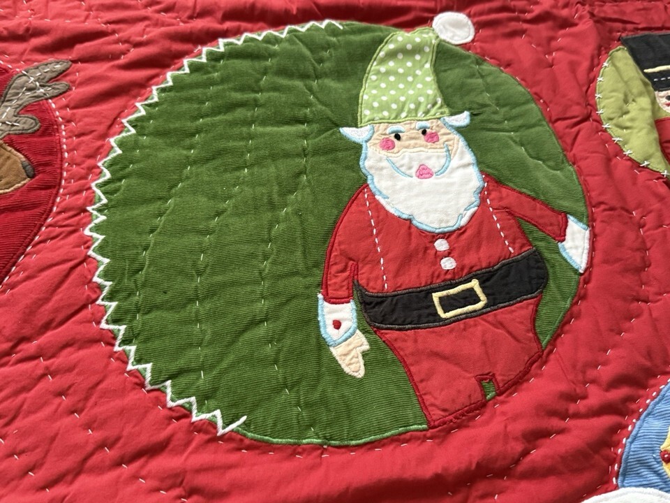 VTG Pottery Barn Kids Embroidered Velvet Christmas Santa Snowman Quilt 49x36” Item image 12