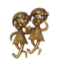 Vintage Gold Tone Figural Twins Rhinestone Eyes Brooch - £27.64 GBP