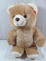 Fine Toy Plush brown tan teddy bear red ear bow cream snout ears feet standing - $12.86