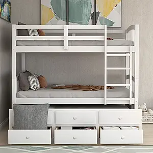 Merax Twin Bunk Bed with Ladder, Safety Rail, Twin Trundle Bed with 3 Dr... - £659.98 GBP