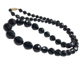 Vintage Long Necklace FACETED BLACK Glass Graduated Beads Retro strand - £23.73 GBP