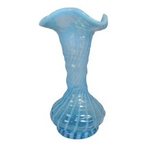 Vtg Fenton Blue Opalescent Spiral Optic Vase with Tri Corner Crimp 7.5 S... - £77.35 GBP
