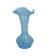 Vtg Fenton Blue Opalescent Spiral Optic Vase with Tri Corner Crimp 7.5 S... - £76.26 GBP