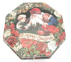 Victorian Merry Christmas Plastic Cookie Tin Box 9&quot; Octagonal Santa Flow... - £6.64 GBP