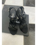 NIB 100% AUTH Chanel 14P Black Silk Crepe Pearl Heel Strappy Sandals Sz ... - £776.10 GBP