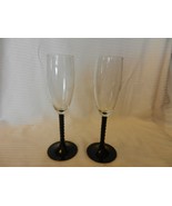 Set of Two Clear Glass Champagne Flutes Glasses With Black Spiral Stem 8... - $57.00