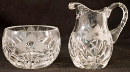 Crystal Glass Creamer &amp; Sugar bowl with Etched Floral Design - £20.78 GBP