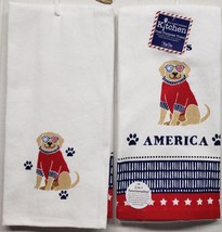 Set Of 2 Same Cotton Kitchen TOWELS(16&quot;x26&quot;) Patriotic Usa,Dog,Bless America,Kdd - £12.61 GBP