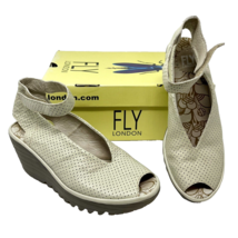 Fly London Women&#39;s Yala Perforated Leather Peep Toe Wedge Off White 38 - £26.57 GBP