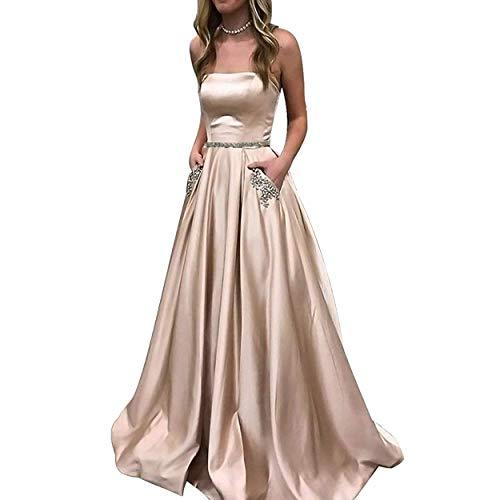 Kivary Beaded Belt Long Satin Formal Prom Evening Dresses with Pockets Champagne