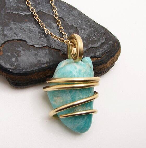 Amazonite Set In Merlin&#39;s Gold Forged Wrap Pendant #25, 17.4 Grams - $44.00