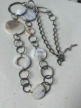 Long Silvertone Open Circle &amp; Ovals Chain w Cream &amp; Orange Seashell Disks Neckla - £7.58 GBP