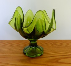 Viking green art glass six petal footed compote candy bowl w/ stretched ... - $50.00