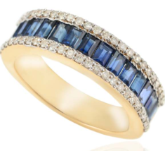 1.68 CTW Channel Set Blue Sapphire and Diamond Wedding Band Ring 18k Yellow Gold - £1,428.39 GBP