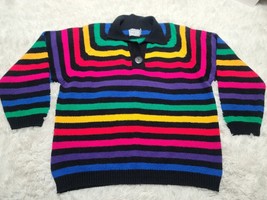 VENEZIA Striped 80s Button Up XL Sweater Black Shoulder Pads Vintage Collar - £18.18 GBP