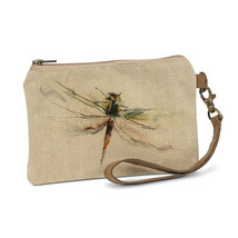  Dragonfly Zip Pouch with Leather Carrying Strap Flax Color Zipper Closure Lined image 1