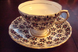 Rosina  Mid Century England  cup &amp; saucer,black,flowers w/ touches of red [91] - £42.84 GBP