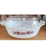 Vintage 1960s Fire King ~ Primrose Pink &amp; Red Flower 1.5 Qt Casserole Di... - $84.77 CAD