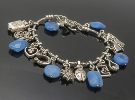 925 Sterling Silver - Vintage Blue Quartz Assorted Charm Chain Bracelet - BT5747 - £94.89 GBP
