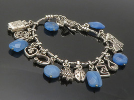 925 Sterling Silver - Vintage Blue Quartz Assorted Charm Chain Bracelet - BT5747 - £89.41 GBP