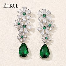 ZAKOL Vintage Green CZ Water Drop Flower Dangle Earrings Elegant Glamour Bridal  - £15.47 GBP