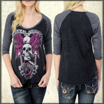 Affliction Jolly Roger AW6173 Skull Bones Womens 3/4 Sleeve Raglan T-Shi... - £40.85 GBP