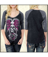 Affliction Jolly Roger AW6173 Skull Bones Womens 3/4 Sleeve Raglan T-Shi... - £42.59 GBP