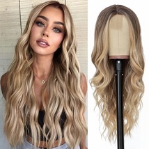 Long Ombre Blonde Wavy Wig for Women 26 Inch Middle Part Curly Wavy Wig Natural  - £35.38 GBP
