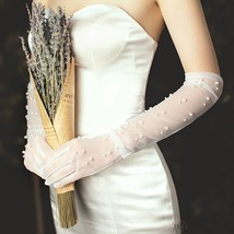 Pearl Long Tulle Bridal Gloves, Chic Bride Wedding Gloves, Sheer Lace Gloves - £34.11 GBP