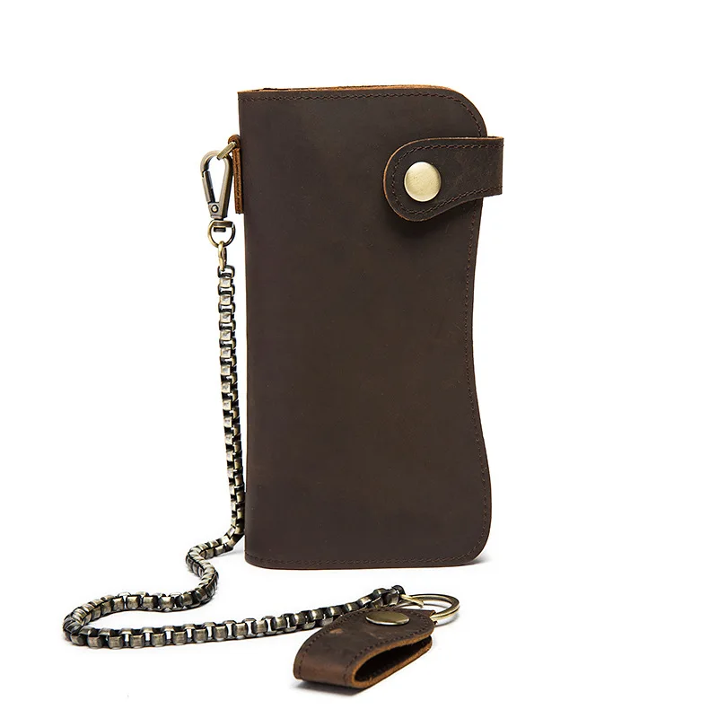 Super Quality Leather Wallet With Iron Chain 100% Cowhide Leather Black Bifold C - £79.44 GBP