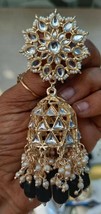 Bollywood Gold Plated Indian Kundan Big Jhumka Black Earrings Jewelry Set - £30.04 GBP