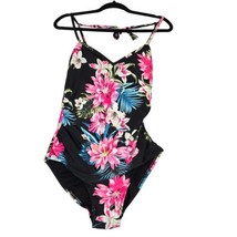Kona Sol Womens Large Swimsuit One Piece High Coverage Black Floral Pink NWT - £8.65 GBP