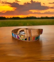 Size 36 Vintage Embroidered Belt Colorful Brown Aztec Western - $23.76