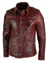 Genuine Lambskin Leather Stylish Burgundy Men&#39;s Leather Shirt Classy Casual - £84.89 GBP