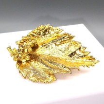 Vintage Gold Dipped Vermeil Leaf Brooch with Tiny Forget Me Not Flowers - $111.27