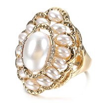 New Boho Pearl Ring For Women Fashion Gold Color Austrian Crystal CZ Big Rings W - £7.12 GBP