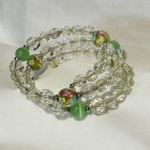 Multi-wrap Memory Wire Green, Light Green, &amp; Floral Glass Bead Bracelet - £11.76 GBP