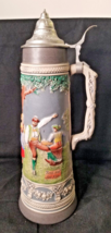 Gerz W. : VTG: Germany 13” tall lidded pewter Beer Stein Hand Painted Da... - $92.60