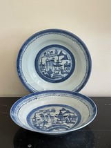 Vintage Chinese Export 2 Canton Blue &amp; White Porcelain Deep Rim Soup Bowls - £115.75 GBP