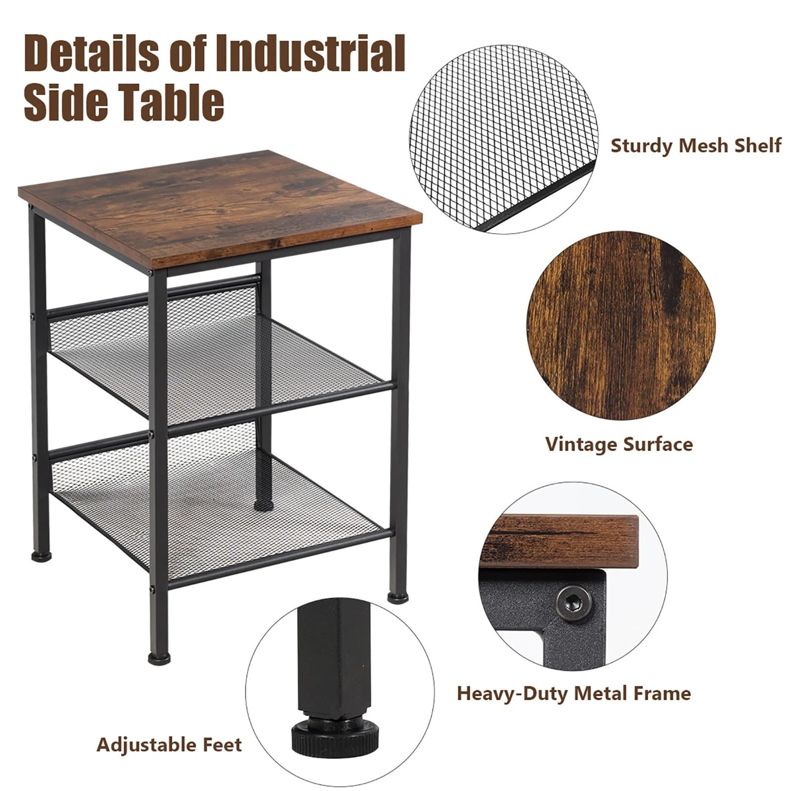 3-Tier Industrial End Side Table with 2 Adjustable Metal Shelves Bedroom Living Item image 3