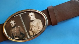 Gen. Ulysses S. Grant &amp; Gen. Robert E. Lee Epoxy Photo Buckle &amp; Brown Belt - £19.29 GBP